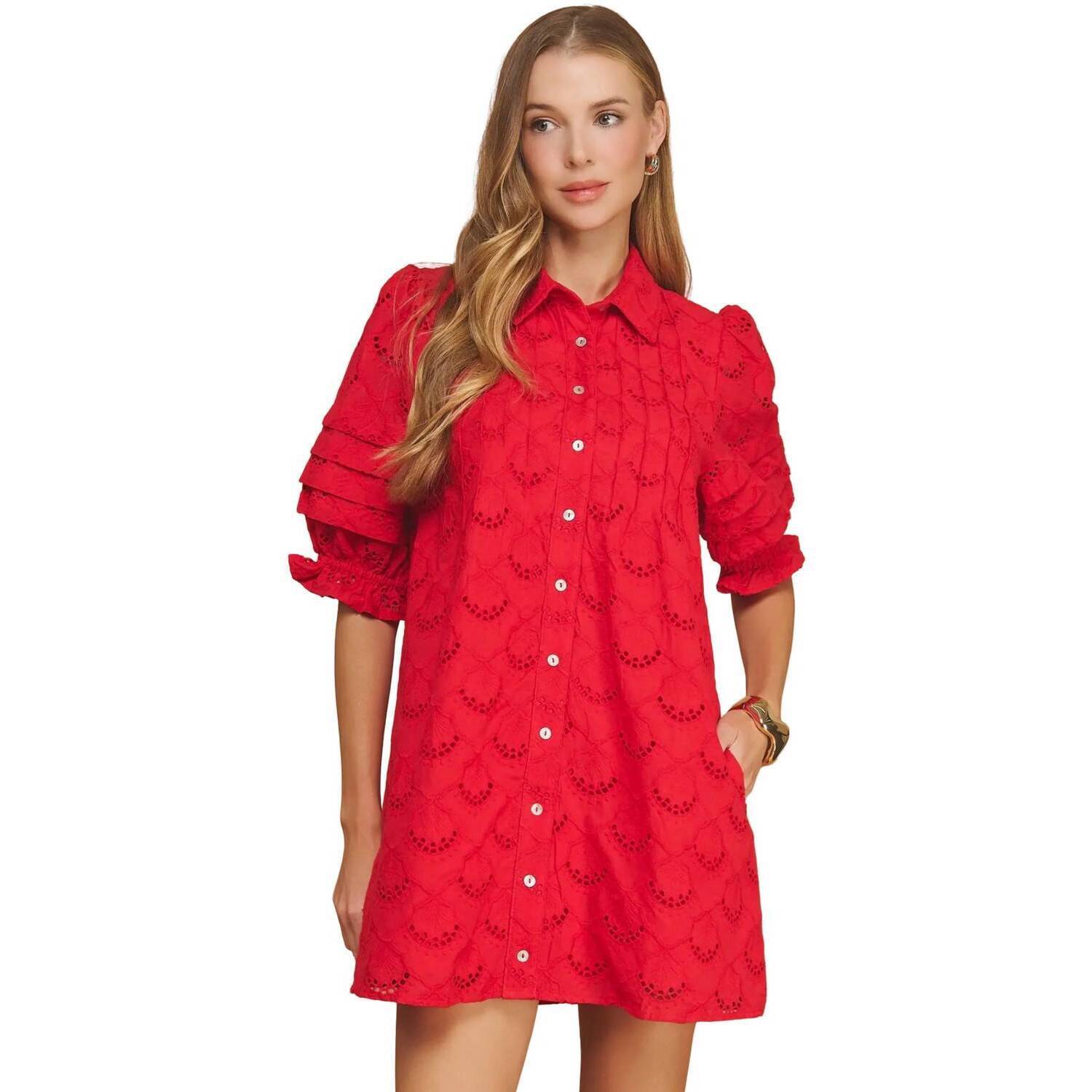 New Strut & Bolt Pintuck Scalloped Eyelet Puff Sleeve Mini Shirt Dress In Red